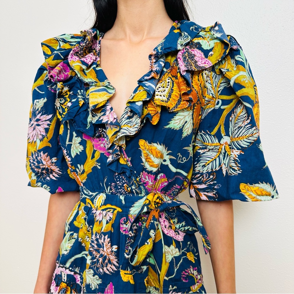 House of Harlow 1960 Mini Floral Wrap Dress Boho Ruffle Puff Sleeve - Picture 6 of 12